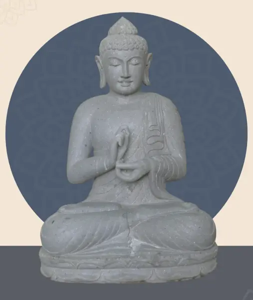 Product image 1 of the product “Seated Buddha made of Riverstone in Dharmachakra gesture of wheel of the teaching of the Dharma, H. 83cm. There is a stone eye on the left shoulder. ”